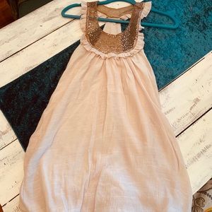 Tan and gold sequin linen tank made by Doki Geki.